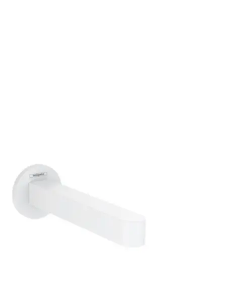 Weißer Wanneneinlauf von Hansgrohe mit schmalem, geraden Auslauf und runder Montageplatte. Minimalistisches Design für moderne Badezimmer.